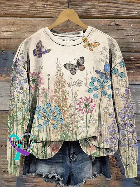 Floral Butterflies Print Casual Sweatshirt Multicolor / S