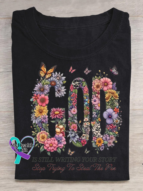 Floral Butterfly GOD Print Casual Round Neck Short Sleeve Multicolor / S