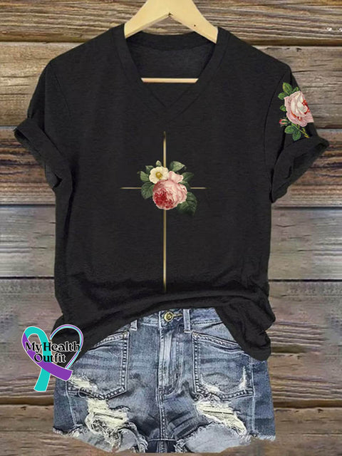 Floral Cross Art Print V-neck Casual T-Shirt Black / S