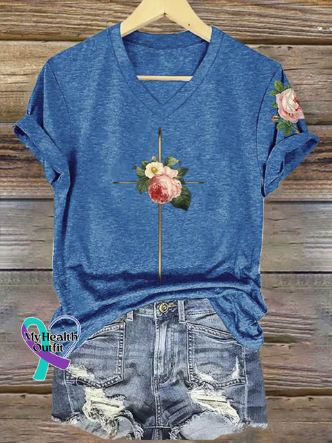 Floral Cross Art Print V-neck Casual T-Shirt Blue / S