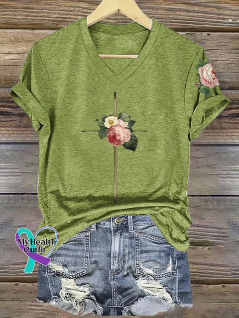 Floral Cross Art Print V-neck Casual T-Shirt Green / S