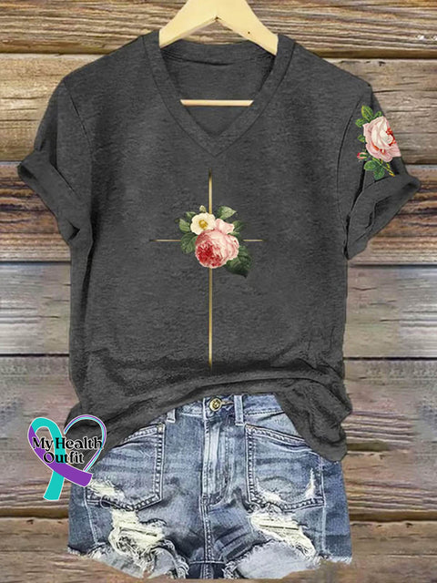 Floral Cross Art Print V-neck Casual T-Shirt Grey / S