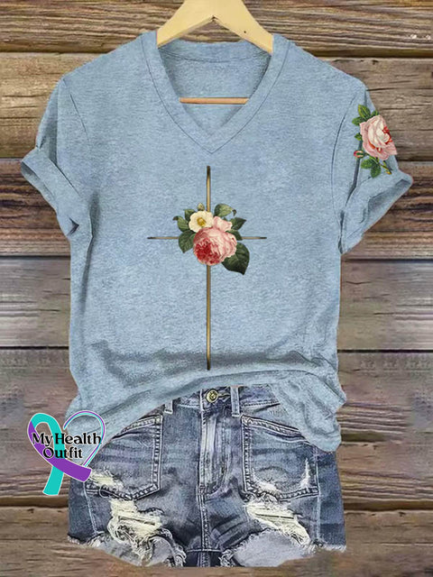 Floral Cross Art Print V-neck Casual T-Shirt LightBlue / S