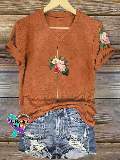 Floral Cross Art Print V-neck Casual T-Shirt Orange / S