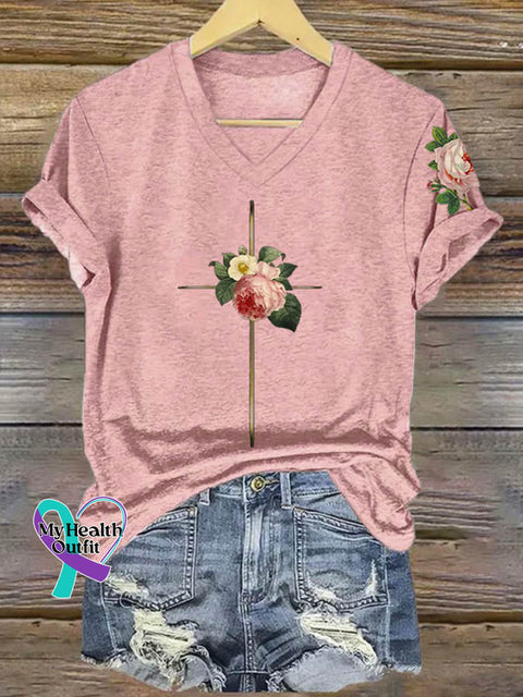 Floral Cross Art Print V-neck Casual T-Shirt Pink / S