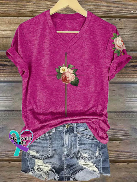 Floral Cross Art Print V-neck Casual T-Shirt Purple / S