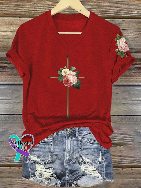 Floral Cross Art Print V-neck Casual T-Shirt Red / S
