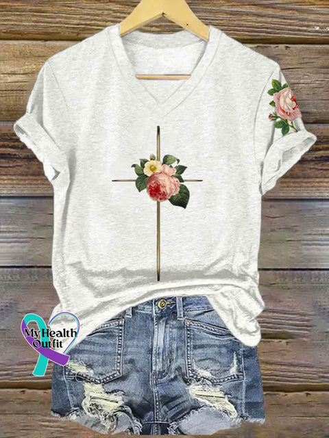 Floral Cross Art Print V-neck Casual T-Shirt White / S