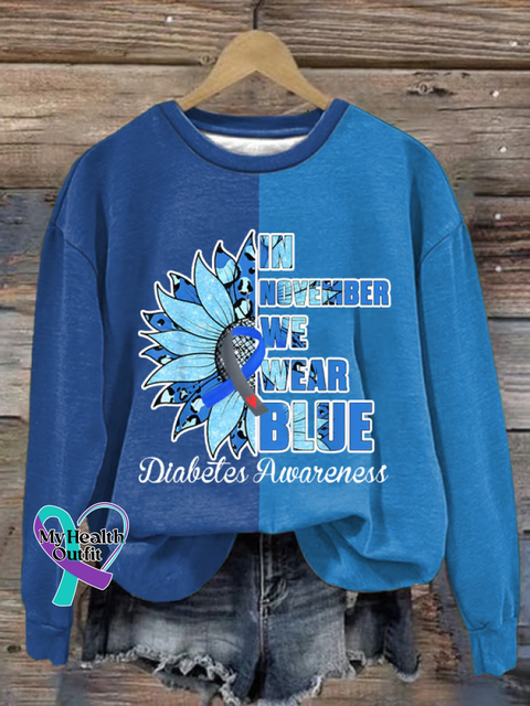 Floral Diabetes Awareness Print Casual Sweatshirt Blue / S