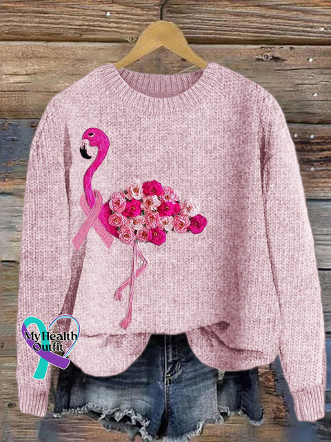 Floral Flamingo With Pink Ribbon Embroidered Cozy Sweater / S