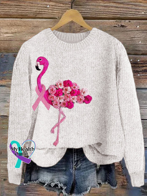 Floral Flamingo With Pink Ribbon Embroidered Cozy Sweater White / S
