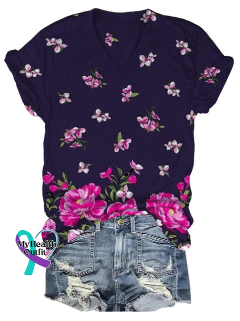 Floral Gradient Print Casual V-Neck Short Sleeve T-Shirt Multicolor / S