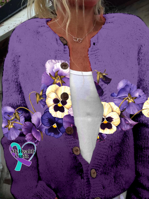 Floral Knitted Casual Crew Neck Cardigan