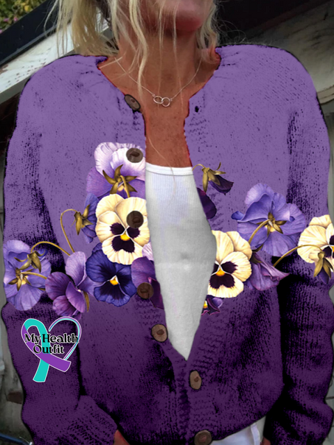 Floral Knitted Casual Crew Neck Cardigan