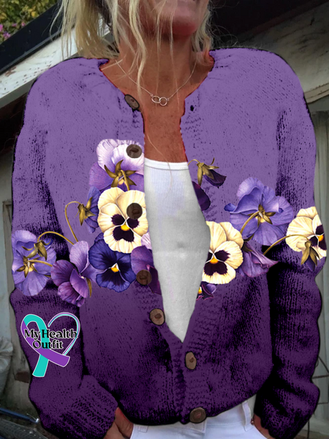 Floral Knitted Casual Crew Neck Cardigan Purple / S