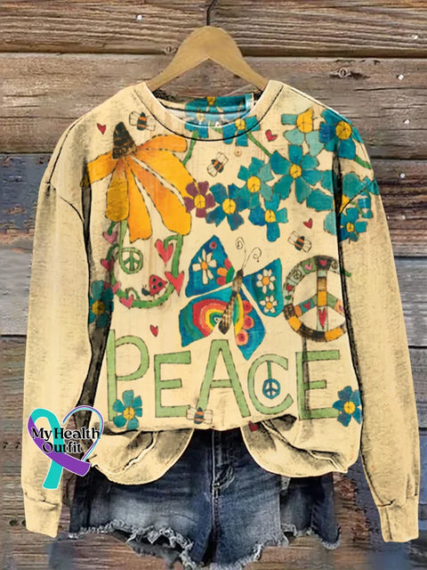 Floral Love And Peace Print Casual Sweatshirt Multicolor / S
