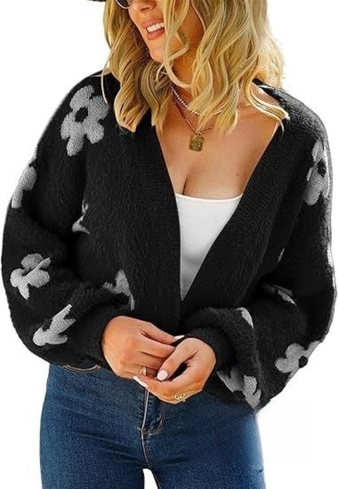 Floral Open Front Fuzzy Cardigan Black / S