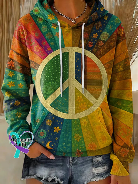 Floral Peace Sign Love And Peace Print Casual Hoodie Sweatshirt Multicolor / S