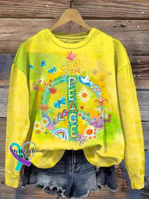 Floral Peace Sign Love And Peace Print Casual Sweatshirt Multicolor / S