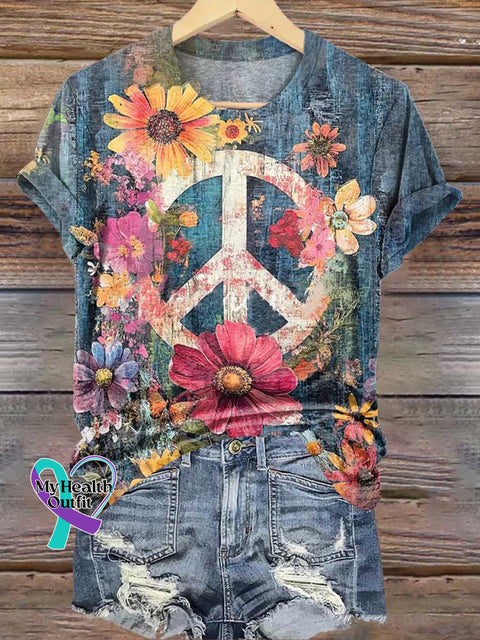 Floral Peace Sign Love and Peace T-shirt Multicolor / S