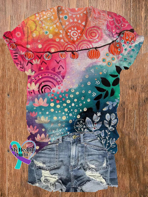 Floral Plant Art Patchwork Print Casual V-neck Short-sleeved T-shirt Multicolor / S