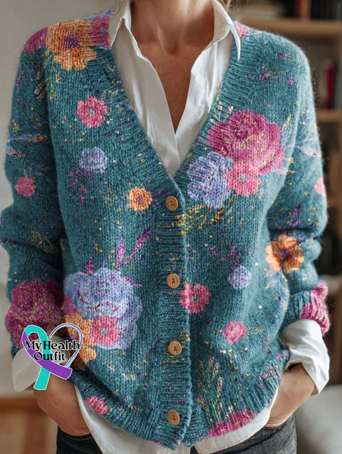 Floral Print Buttoned V neck Cardigan Sweater Multicolor / S