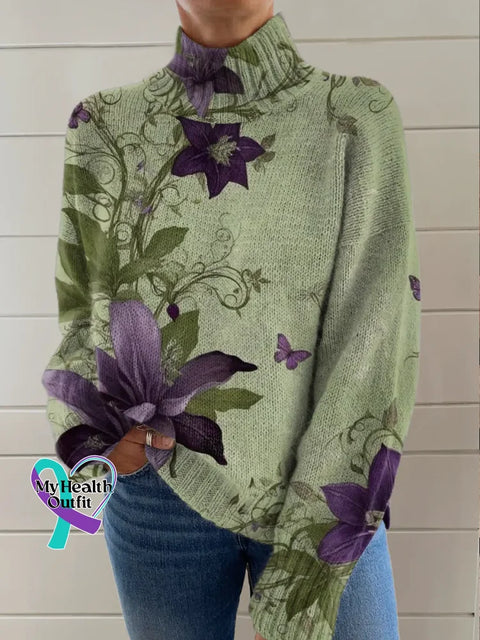 Floral Print Knit Turtleneck Pullover Sweater Multicolor / S