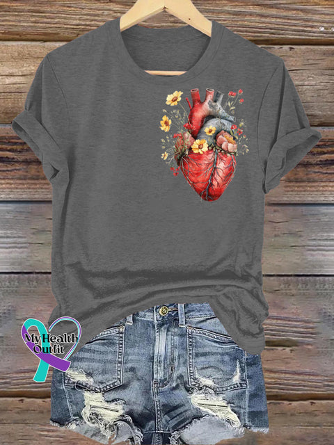 Flower Heart Print Casual Round Neck Short Sleeve T-Shirt Grey / S