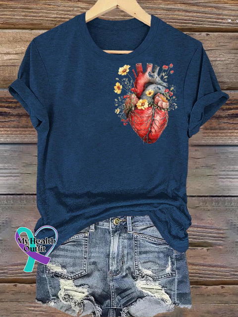 Flower Heart Print Casual Round Neck Short Sleeve T-Shirt NavyBlue / S
