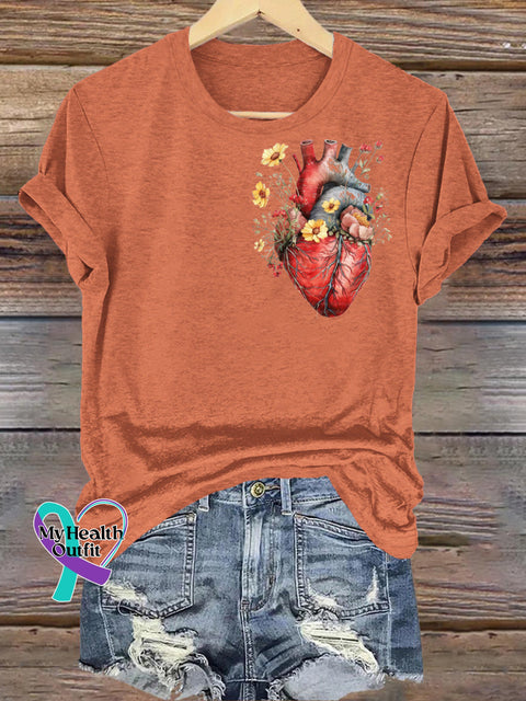 Flower Heart Print Casual Round Neck Short Sleeve T-Shirt Orange / S