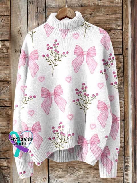Flowers Art Breast Cancer Awareness Print Knit Turtleneck Pullover Sweater Multicolor / S
