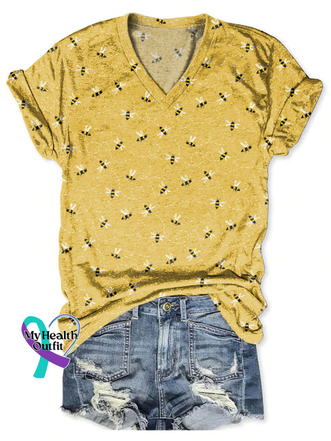 Flying Bees Art Print V-neck Casual T-Shirt Yellow / S