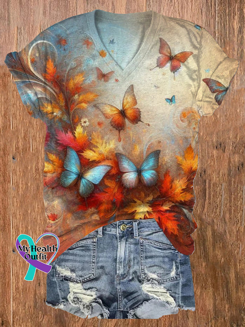 Flying Butterfly Maple Leaf Print Casual V-Neck Short Sleeve T-Shirt Multicolor / S