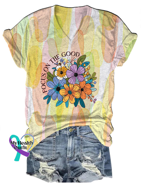 Focus On The Good Printed Casual V-Neck Short Sleeve T-Shirt Multicolor / S