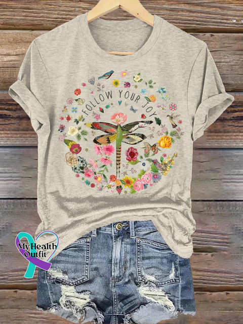 Follow Your Joy Dragonfly Floral Print Casual Round Neck Short Sleeve T-Shirt Beige / S