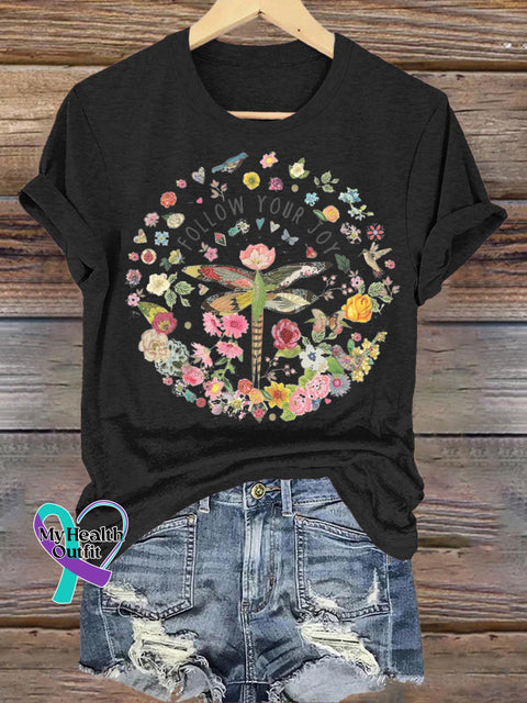Follow Your Joy Dragonfly Floral Print Casual Round Neck Short Sleeve T-Shirt Black / S