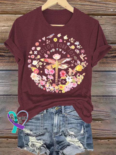 Follow Your Joy Dragonfly Floral Print Casual Round Neck Short Sleeve T-Shirt Brown / S