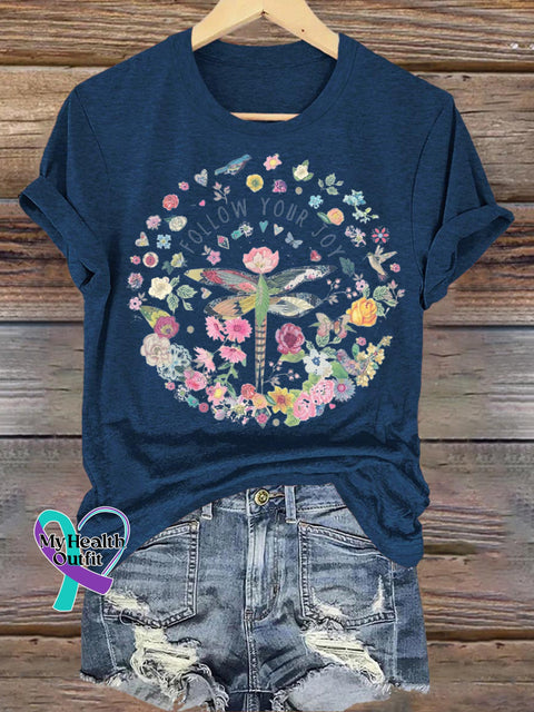 Follow Your Joy Dragonfly Floral Print Casual Round Neck Short Sleeve T-Shirt NavyBlue / S