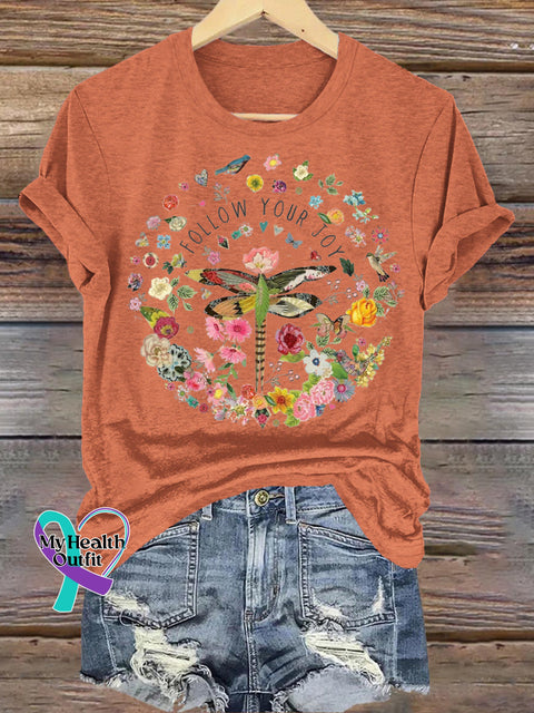 Follow Your Joy Dragonfly Floral Print Casual Round Neck Short Sleeve T-Shirt Orange / S