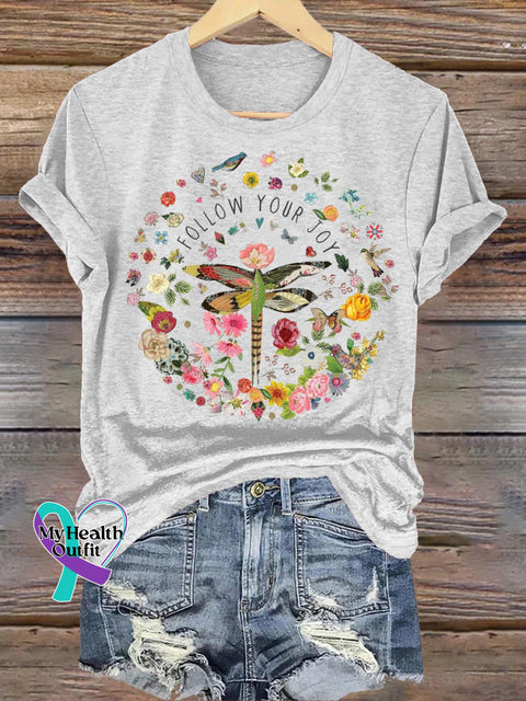 Follow Your Joy Dragonfly Floral Print Casual Round Neck Short Sleeve T-Shirt White / S