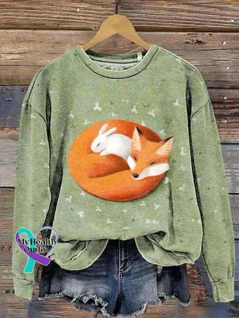 Fox And Rabbit Print Casual Sweatshirt Multicolor / S