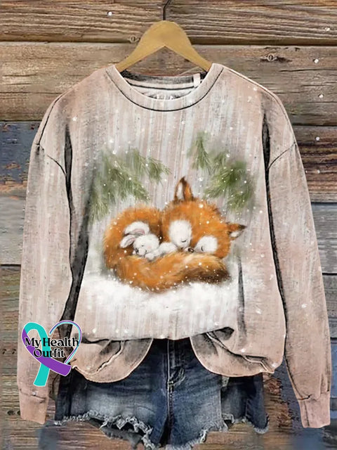 Fox And Rabbit Print Casual Sweatshirt Multicolor / S