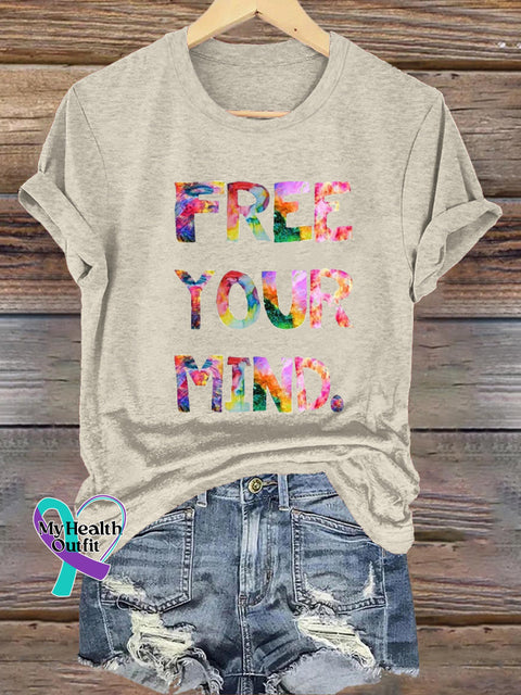 Free Your Mind Printed Casual Crew Neck Short Sleeve T-Shirt Beige / S