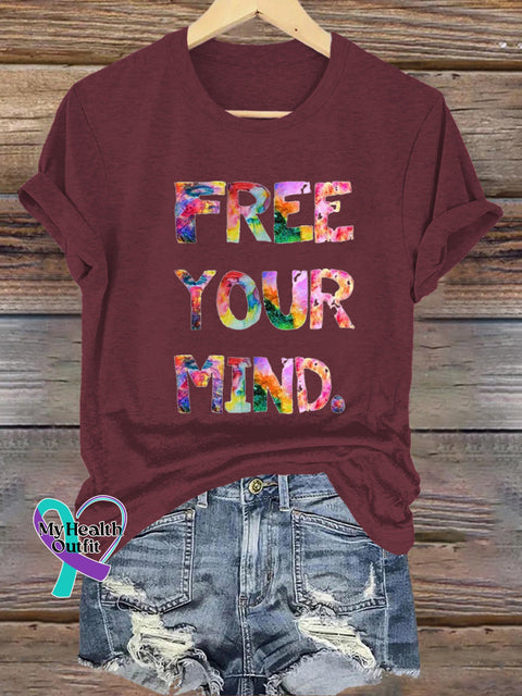 Free Your Mind Printed Casual Crew Neck Short Sleeve T-Shirt Brown / S
