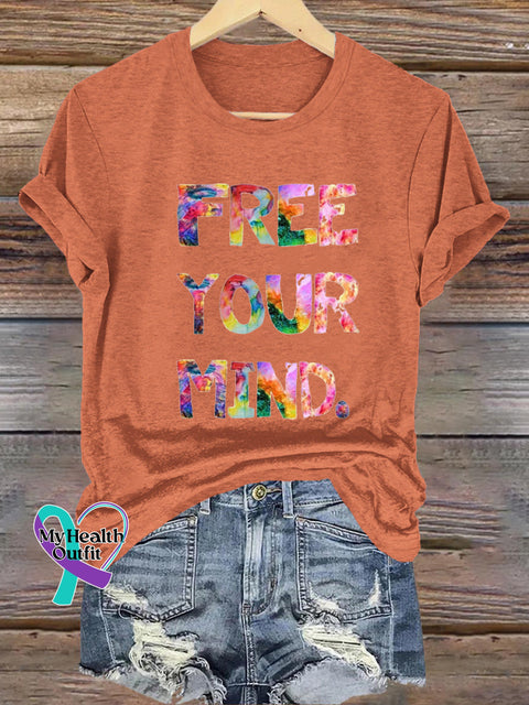 Free Your Mind Printed Casual Crew Neck Short Sleeve T-Shirt Orange / S