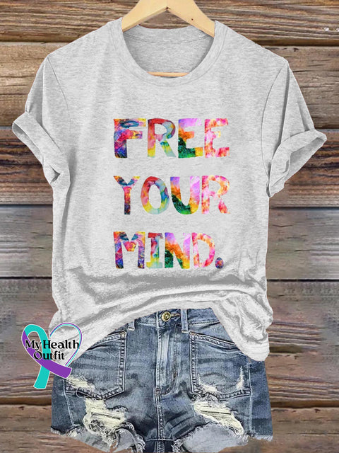 Free Your Mind Printed Casual Crew Neck Short Sleeve T-Shirt White / S