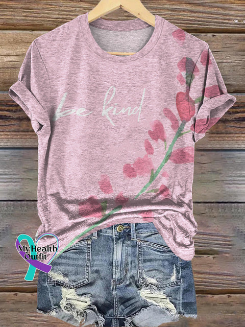 Fresh and Cute Floral Be Kind Print Casual Round Neck Short Sleeve T-Shirt Multicolor / S