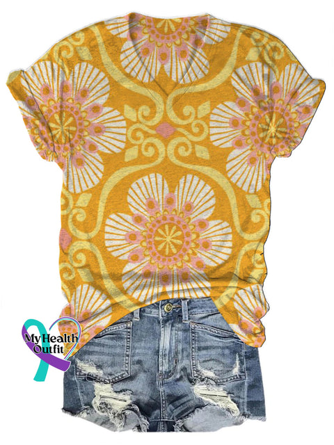 Fresh Floral Print V-Neck Casual Short Sleeve T-Shirt Multicolor / S