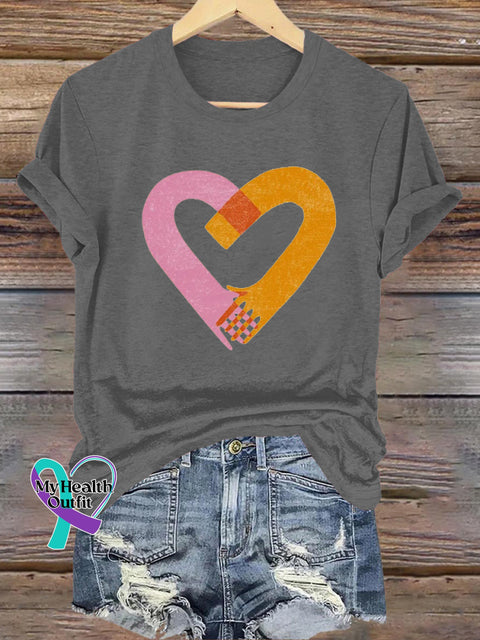 Friendly Handshake Love Print Casual Round Neck Short Sleeve T-Shirt Grey / S