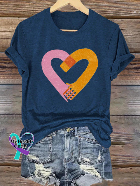 Friendly Handshake Love Print Casual Round Neck Short Sleeve T-Shirt NavyBlue / S